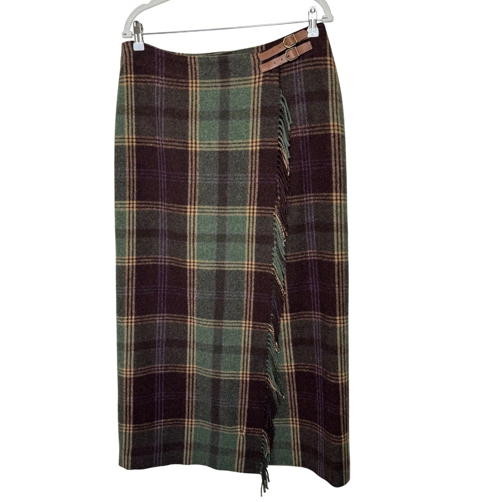 Vintage Lauren Ralph Lauren Plaid Wool Wrap Skirt 12 Brown/Green